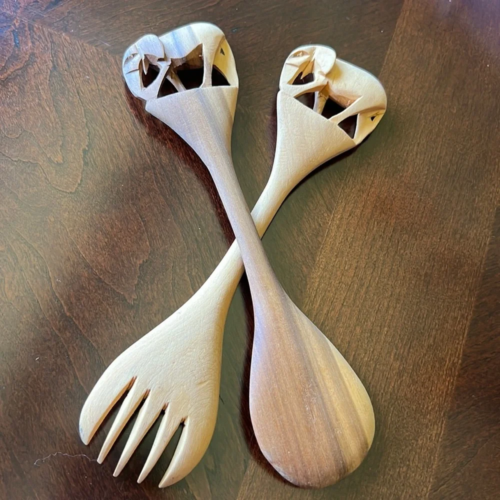 Vintage Small Wooden salad servers carved Elephant design